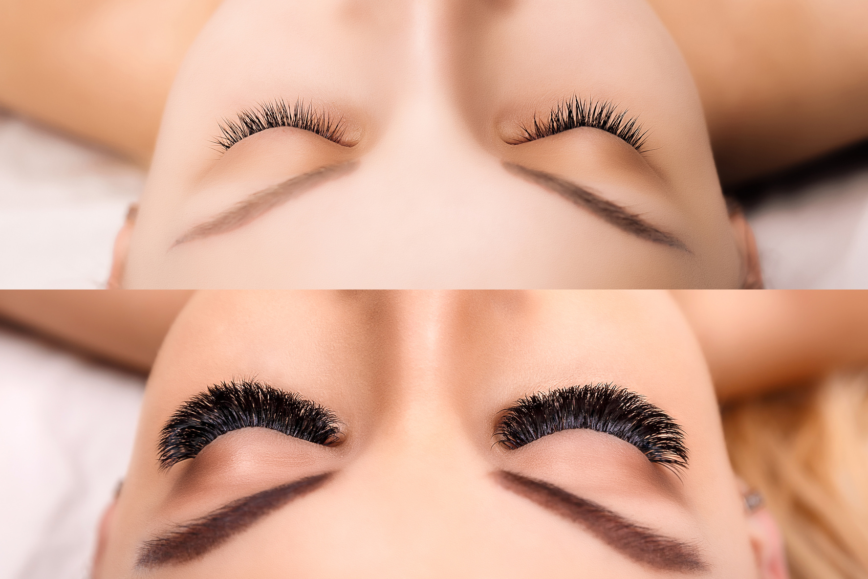 Eyelash Extension. Comparison of female eyes before and after. Hollywood, russian volume